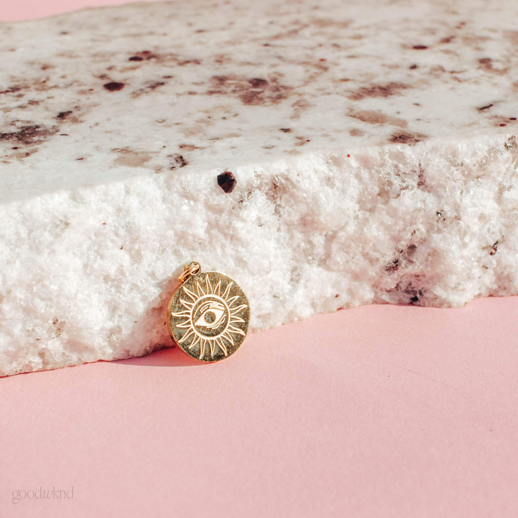 gold evil eye sun charm, stainless steel and tarnish resistant
