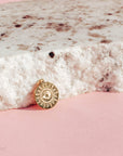gold evil eye sun charm, stainless steel and tarnish resistant
