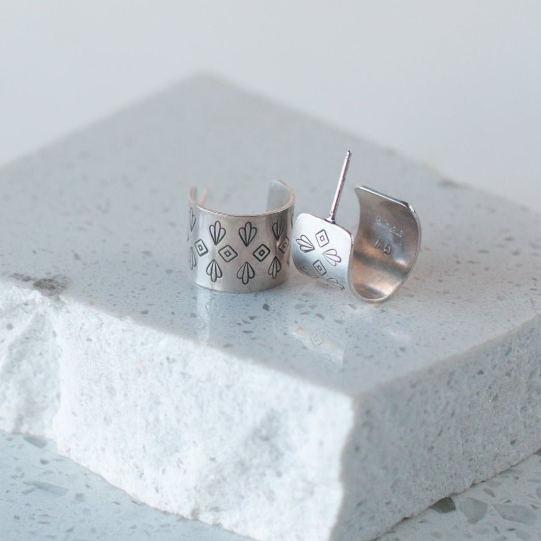 Sterling Stamped Huggie Hoops - Desert Fan - Desert Sky - Good Wknd