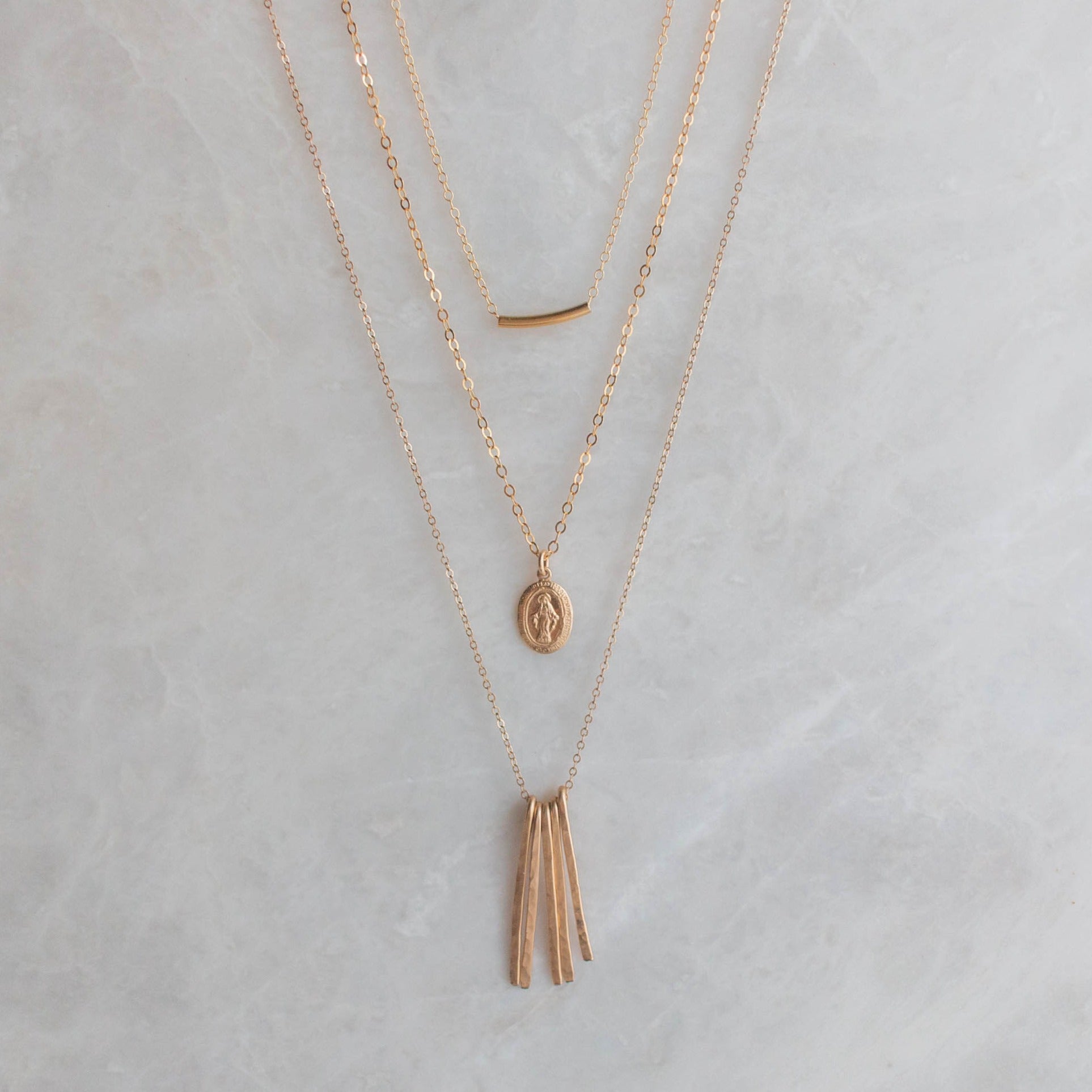 Necklace Trio Mary, Tiny Tube, and Gold Fringe Necklace
